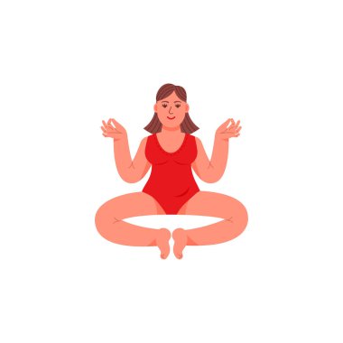 Bir artı-size kadın bir lotus pozisyonda oturuyor. Bir artı boyutlu kadın meditatif bir duruş oturur. Vektör çizim karikatür tarzı.
