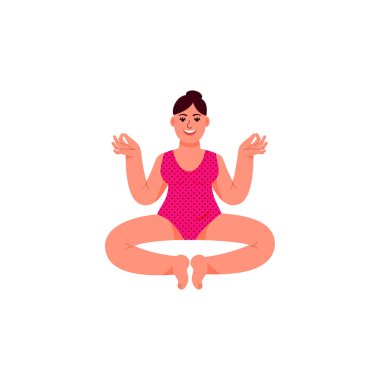 Bir artı-size kadın bir lotus pozisyonda oturuyor. Bir artı boyutlu kadın meditatif bir duruş oturur. Vektör çizim karikatür tarzı.