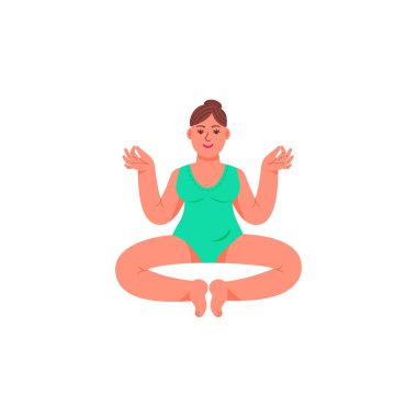 Bir artı-size kadın bir lotus pozisyonda oturuyor. Bir artı boyutlu kadın meditatif bir duruş oturur. Vektör çizim karikatür tarzı.