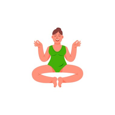 Bir artı-size kadın bir lotus pozisyonda oturuyor. Bir artı boyutlu kadın meditatif bir duruş oturur. Vektör çizim karikatür tarzı.