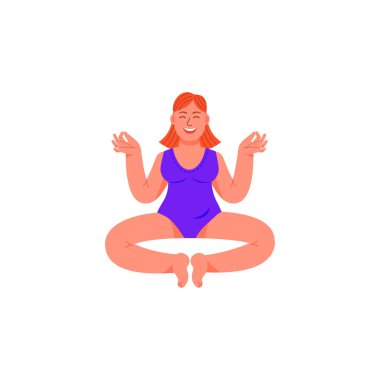 Bir artı-size kadın bir lotus pozisyonda oturuyor. Bir artı boyutlu kadın meditatif bir duruş oturur. Vektör çizim karikatür tarzı.