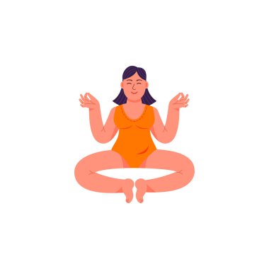 Bir artı-size kadın bir lotus pozisyonda oturuyor. Bir artı boyutlu kadın meditatif bir duruş oturur. Vektör çizim karikatür tarzı.