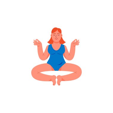 Bir artı-size kadın bir lotus pozisyonda oturuyor. Bir artı boyutlu kadın meditatif bir duruş oturur. Vektör çizim karikatür tarzı.