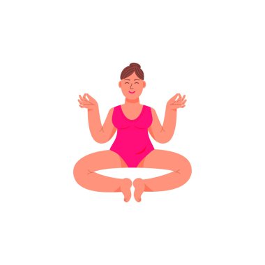 Bir artı-size kadın bir lotus pozisyonda oturuyor. Bir artı boyutlu kadın meditatif bir duruş oturur. Vektör çizim karikatür tarzı.