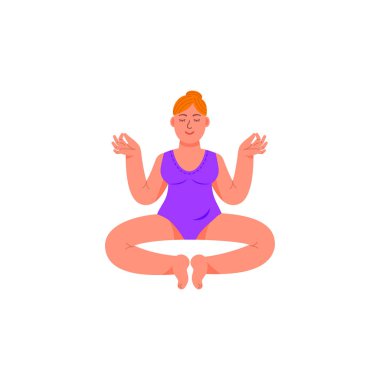 Bir artı-size kadın bir lotus pozisyonda oturuyor. Bir artı boyutlu kadın meditatif bir duruş oturur. Vektör çizim karikatür tarzı.