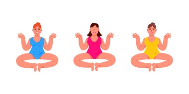 Üç artı bir lotus pozisyonda oturan beden kadınlar. Bir dizi artı boyutu kadın meditatif bir poz. Vektör çizim karikatür tarzı.