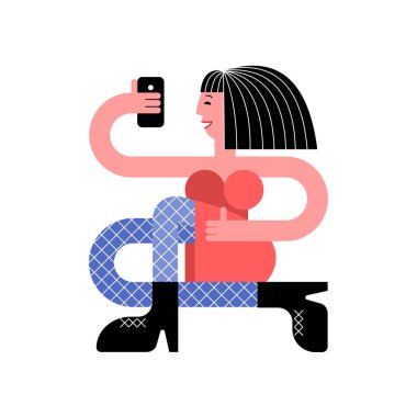 Bir akıllı telefon olan kız. Bir kız bir selfie yapar. Kız bir akıllı telefon elinde tutuyor.