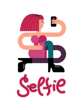 Bir akıllı telefon olan kız. Bir kız bir selfie yapar. Kız bir akıllı telefon elinde tutuyor.