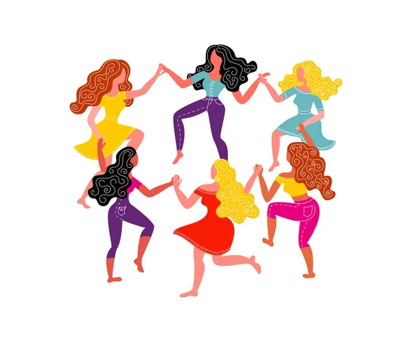 Baile redondo para mujeres. Seis mujeres cogidas de la mano. Ilustración vectorial el 8 de marzo . — Vector de stock