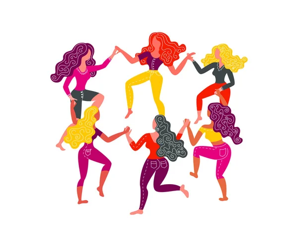 Dámské kolo tanec. Šest žen drží za ruce. Vektorové ilustrace na 8.března. — Stockový vektor