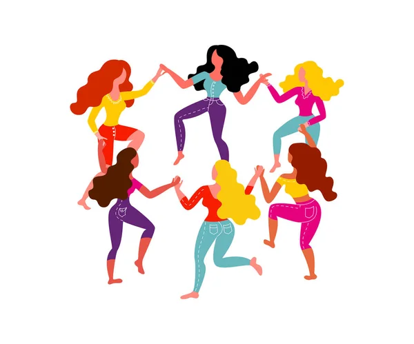 Женский круглый танец. Шесть женщин держатся за руки. Векторная иллюстрация 8 марта . — стоковый вектор