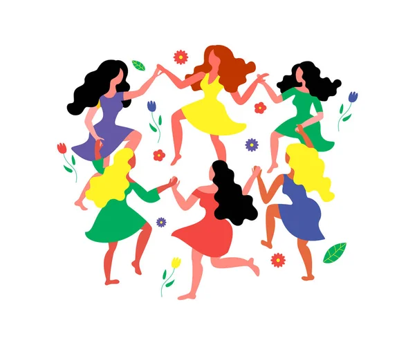 Danza y flores redondas para mujer. Las mujeres bailan en círculos, cogidas de la mano . — Vector de stock