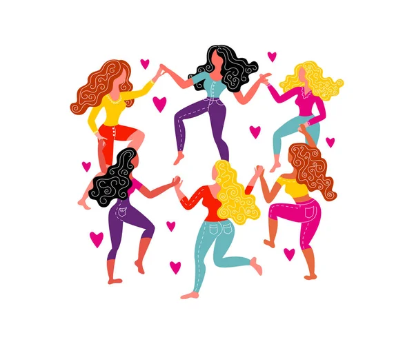 Womens round dance and hearts. Women dance in circles, holding hands. — Stock Vector