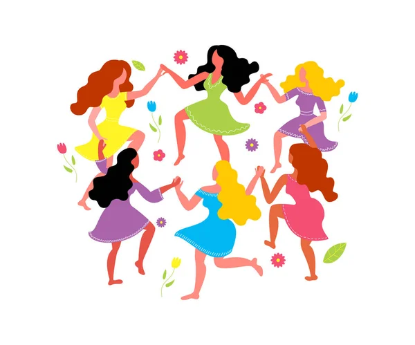 Frauentanz und Blumen. Frauen tanzen im Kreis und halten Händchen. — Stockvektor