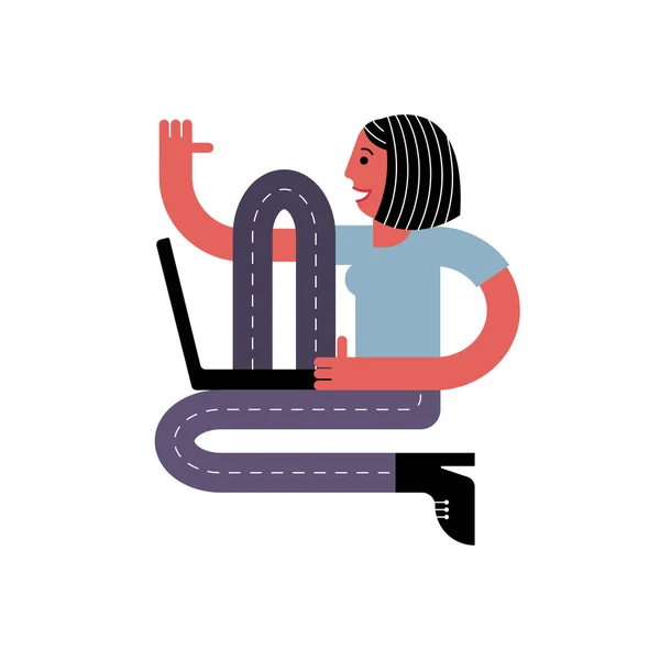 Une femme est assise avec un ordinateur portable. Formation en ligne. Une femme travaille sur un ordinateur. Illustration vectorielle en style plat . — Image vectorielle