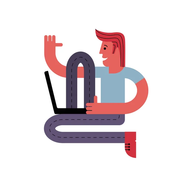 Un hombre está sentado con un portátil. Entrenamiento en línea. Un hombre trabaja en una computadora. Ilustración vectorial en estilo plano . — Archivo Imágenes Vectoriales