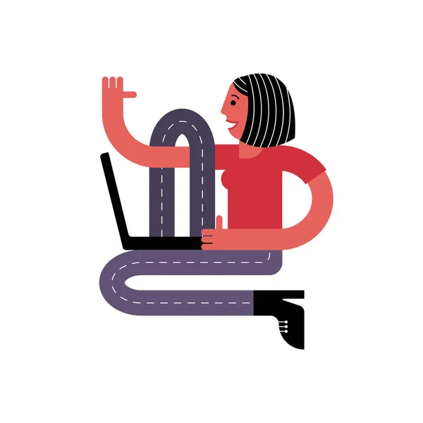 Una mujer está sentada con un portátil. Entrenamiento en línea. Una mujer trabaja en una computadora. Ilustración vectorial en estilo plano . — Vector de stock