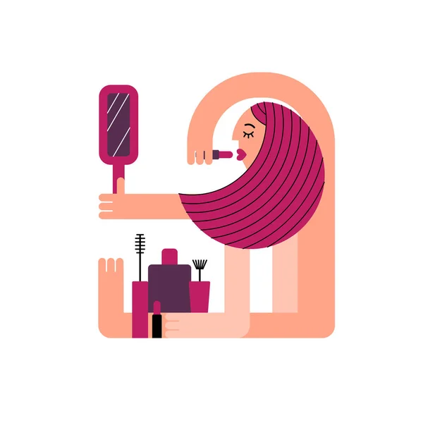 Una mujer se pinta los labios y se mira al espejo. Una mujer usa maquillaje. Ilustración vectorial en estilo plano . — Vector de stock