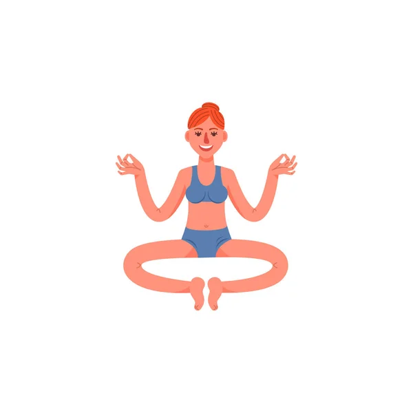 Das Mädchen sitzt in der Lotusposition. Ein junges Mädchen sitzt in einer Pose der Meditation. Vektorillustration. — Stockvektor