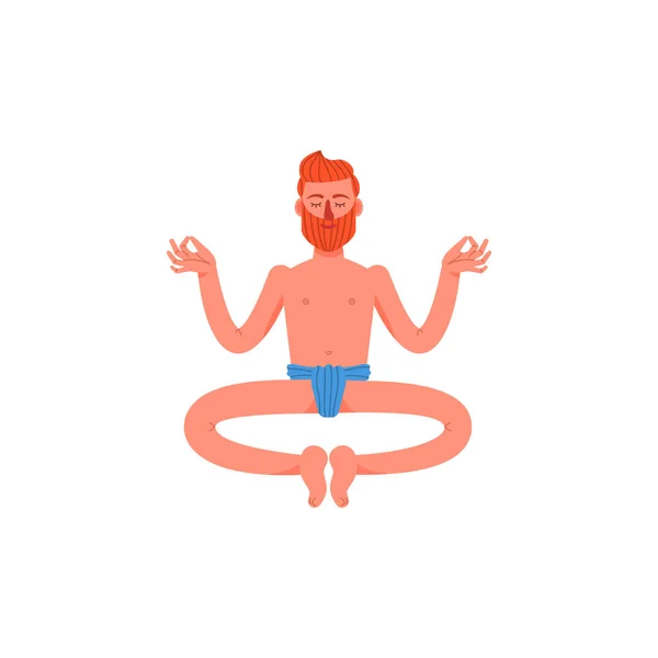 Um homem senta-se numa posição de lótus num tecido de lótus. Um jovem senta-se numa pose de meditação. Ilustração vetorial . — Vetor de Stock