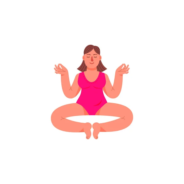 Eine Plus-Size-Frau sitzt in einer Lotusposition. Eine überdimensionale Frau sitzt in meditativer Haltung. Vektorillustration im Cartoon-Stil. — Stockvektor