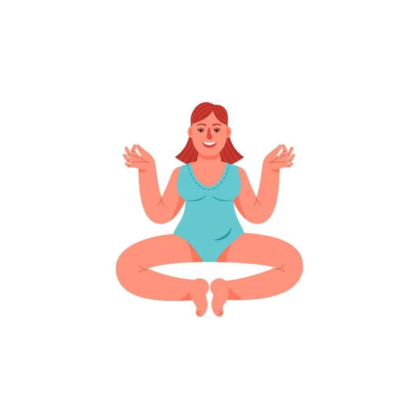 Eine Plus-Size-Frau sitzt in einer Lotusposition. Eine überdimensionale Frau sitzt in meditativer Haltung. Vektorillustration im Cartoon-Stil. — Stockvektor