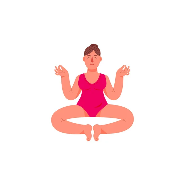 Eine Plus-Size-Frau sitzt in einer Lotusposition. Eine überdimensionale Frau sitzt in meditativer Haltung. Vektorillustration im Cartoon-Stil. — Stockvektor