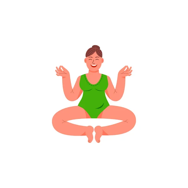 Eine Plus-Size-Frau sitzt in einer Lotusposition. Eine überdimensionale Frau sitzt in meditativer Haltung. Vektorillustration im Cartoon-Stil. — Stockvektor