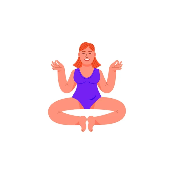 Eine Plus-Size-Frau sitzt in einer Lotusposition. Eine überdimensionale Frau sitzt in meditativer Haltung. Vektorillustration im Cartoon-Stil. — Stockvektor