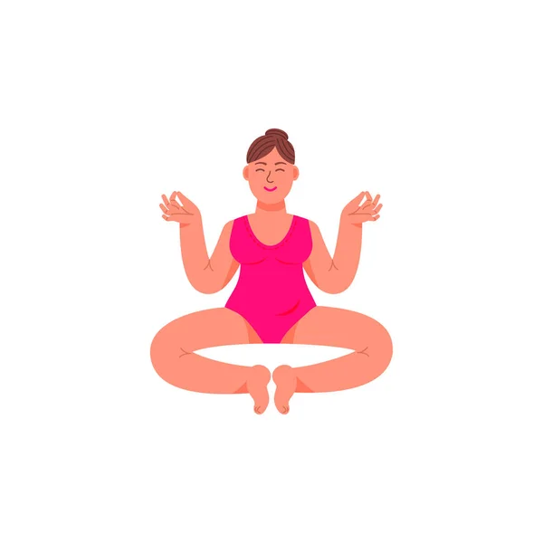 Eine Plus-Size-Frau sitzt in einer Lotusposition. Eine überdimensionale Frau sitzt in meditativer Haltung. Vektorillustration im Cartoon-Stil. — Stockvektor