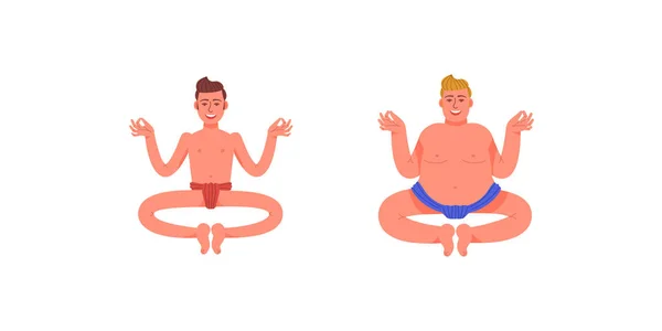 Ein dicker und dünner Mann sitzt in meditativer Pose. Zwei Männer sitzen in der Lotusposition. zwei Männer machen Yoga. Vektorillustration im Cartoon-Stil. — Stockvektor