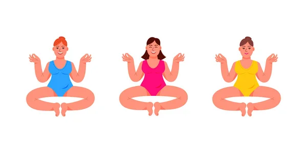 Drei Plus-Size-Frauen, die in Lotusposition sitzen. eine Reihe von Plus-Size-Frauen in meditativer Pose. Vektorillustration im Cartoon-Stil. — Stockvektor