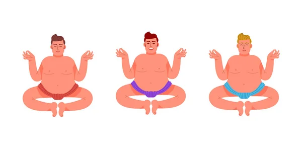 In der Lotusposition sitzen drei dicke Männer. eine Reihe dicker Männer in meditativer Pose. Vektorillustration im Cartoon-Stil. — Stockvektor