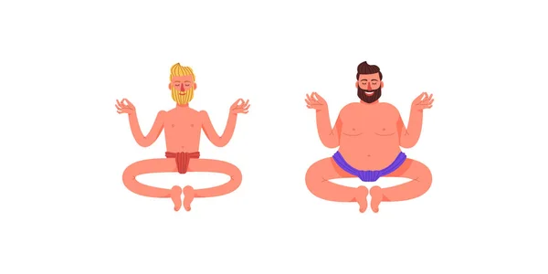 Ein dicker und dünner Mann sitzt in meditativer Pose. Zwei Männer sitzen in der Lotusposition. zwei Männer machen Yoga. Vektorillustration im Cartoon-Stil. — Stockvektor