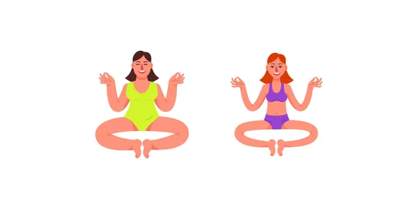 Schlanke Mädchen und Mädchen Größe plus. Zwei Mädchen sitzen in der Lotusposition. zwei Mädchen machen Yoga. Vektorillustration im Cartoon-Stil. — Stockvektor