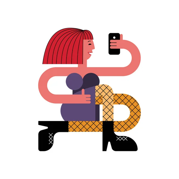 Une fille avec un smartphone. Une fille fait un selfie. La fille tient un smartphone dans sa main . — Image vectorielle