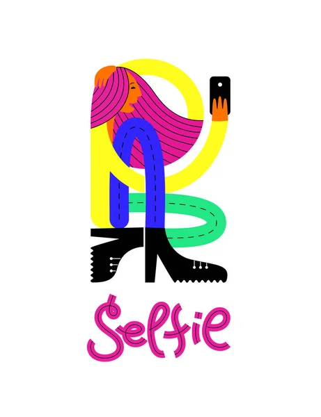 Ragazza con uno smartphone. Una ragazza fa un selfie. La ragazza tiene in mano uno smartphone . — Vettoriale Stock