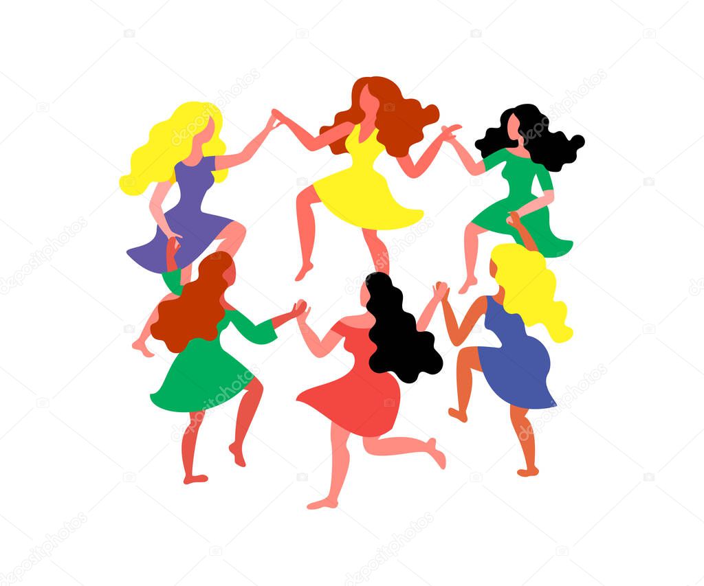Womens round dance. Women with long hair and dresses hold hands. Vector illustration on March 8th.
