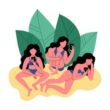 Bikini üç kadın bir akıllı telefon kullanın. Kadınlar tropikal yaprak tarafından çevrili. Vektör çizim.