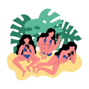 Bikini üç kadın bir akıllı telefon kullanın. Kadınlar tropikal yaprak tarafından çevrili. Vektör çizim.