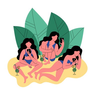 Bikini üç kadın bir akıllı telefon kullanın. Kokteyller kadınlarla. Düz stil vektör çizim.