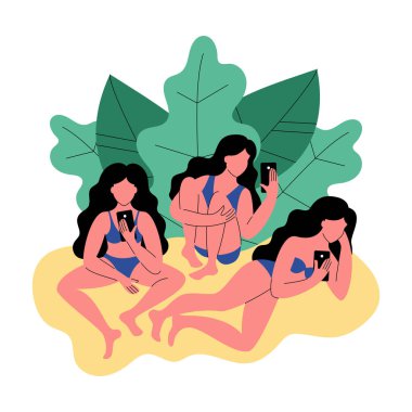 Bikini üç kadın bir akıllı telefon kullanın. Kadınlar tropikal yaprak tarafından çevrili. Vektör çizim.