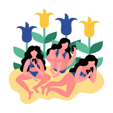 Bikiniler çiçek bir smartphone kullanarak arka plan üzerinde üç kadın. Düz stil vektör çizim.