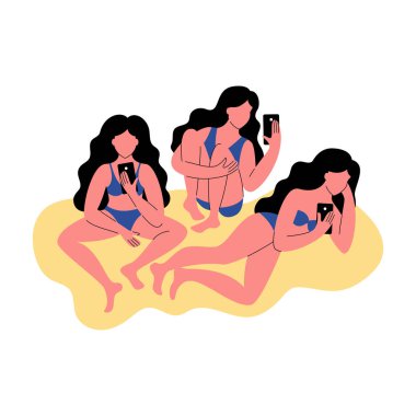 Bikini üç kadın bir akıllı telefon kullanın. Düz stil vektör çizim.