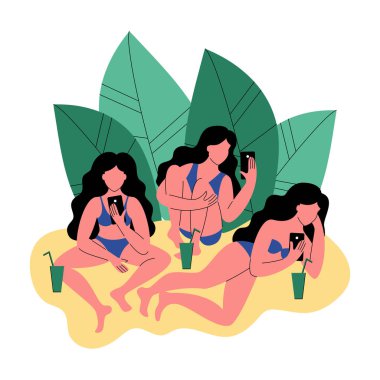 Bikini üç kadın bir akıllı telefon kullanın. Kokteyller kadınlarla. Düz stil vektör çizim.