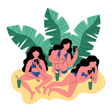 Bikini üç kadın bir akıllı telefon kullanın. Kokteyller kadınlarla. Düz stil vektör çizim.