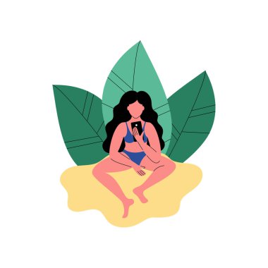 Sahilde bir kadınla bir akıllı telefon kullanır. Düz stil vektör çizim.