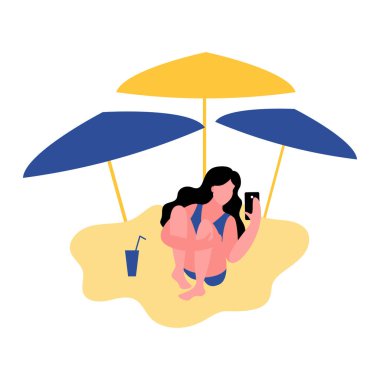 Sahilde bir kadınla bir akıllı telefon kullanır. Düz stil vektör çizim.