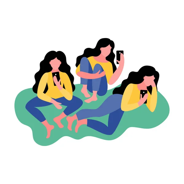 Trois Femmes Utilisent Smartphone Illustration Vectorielle Style Plat — Image vectorielle