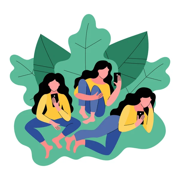 Tres Mujeres Usan Smartphone Ilustración Vectorial Estilo Plano — Archivo Imágenes Vectoriales